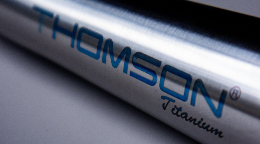 close up shot of Thomson Ti handlebar logo