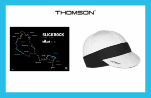 A trail-map print and biking cap next to eachother