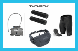 A Hip Pack, Handlebar Grip, Padded Short, and Hydration Bladder all together