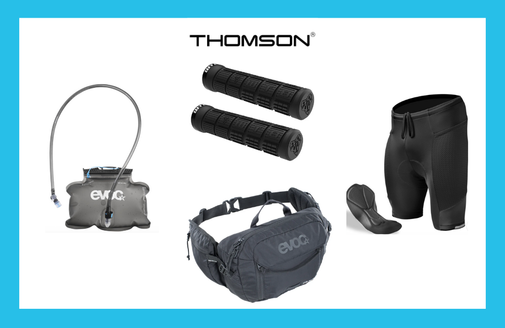 A Hip Pack, Handlebar Grip, Padded Short, and Hydration Bladder all together