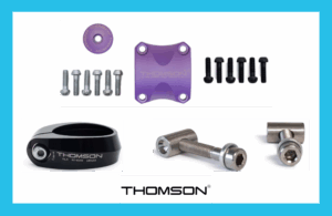 Thomson Seatpost Collars, Dress Up Kit, and Seatpost bolt kit side by side
